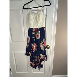 AUW‎ Cream Lace Top Floral Navy Blue Hi-Lo Dress - Women's Medium